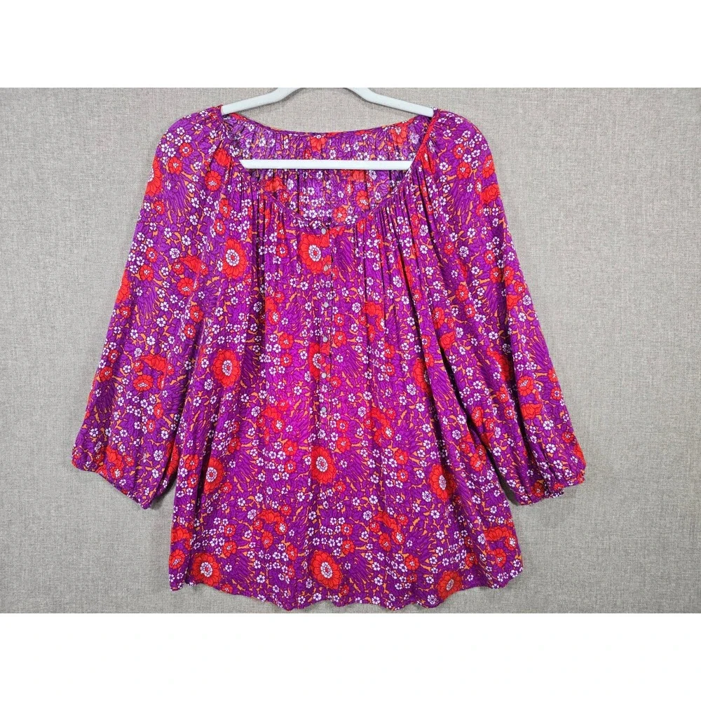 Boho Floral Rayon Blouse Purple Orange Button Up Long Sleeve Top RN 88820